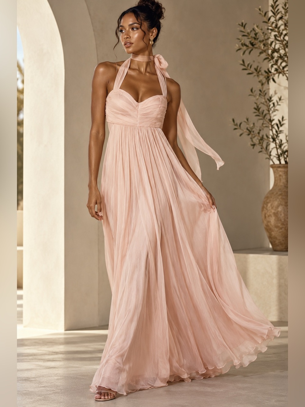 Amsale 100% Silk Blush Pink Ruched Halter Maxi Dress 16